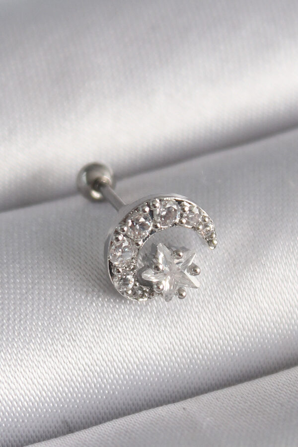 Kalbinle 316L Çelik Gümüş Renk Zirkon Taşlı Ay Yıldız Tragus Piercing PR1257