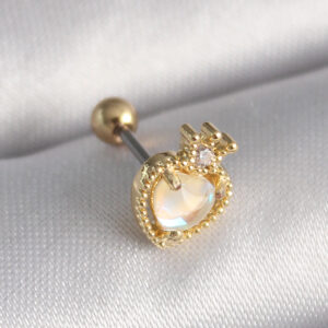 Kalbinle 316L Çelik Gold Renk Beyaz Mineli Kalp Zirkon Taş Detaylı Taç Tragus Piercing PR1262
