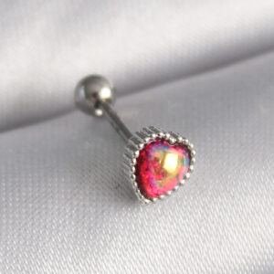 Kalbinle 316L Çelik Gümüş Renk Kırmızı Mineli Kalp Tragus Piercing PR1267