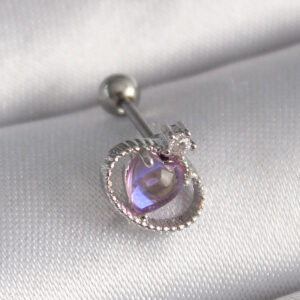 Kalbinle 316L Çelik Gümüş Renk Mor Mineli Kalp Zirkon Taş Detay Tragus Piercing PR1273