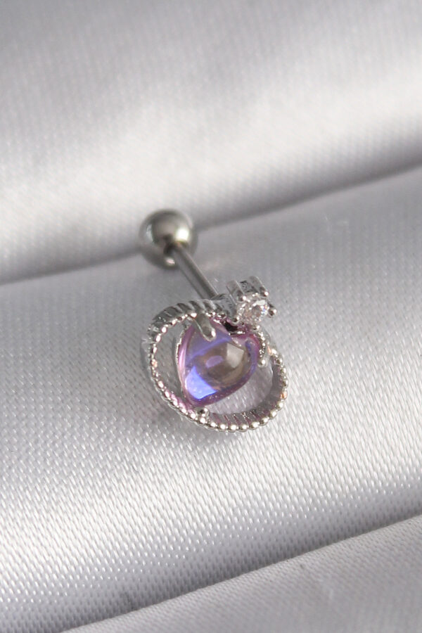 Kalbinle 316L Çelik Gümüş Renk Mor Mineli Kalp Zirkon Taş Detay Tragus Piercing PR1273