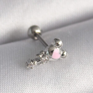 Kalbinle 316L Çelik Gümüş Renk Zirkon Taş Detay Pembe Kalp İşleme Tragus Piercing PR1281