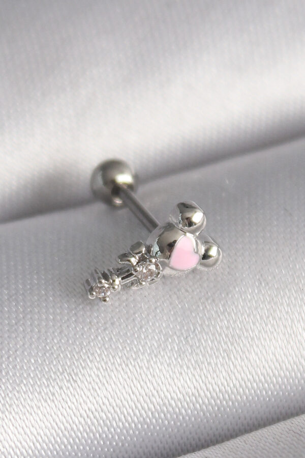 Kalbinle 316L Çelik Gümüş Renk Zirkon Taş Detay Pembe Kalp İşleme Tragus Piercing PR1281