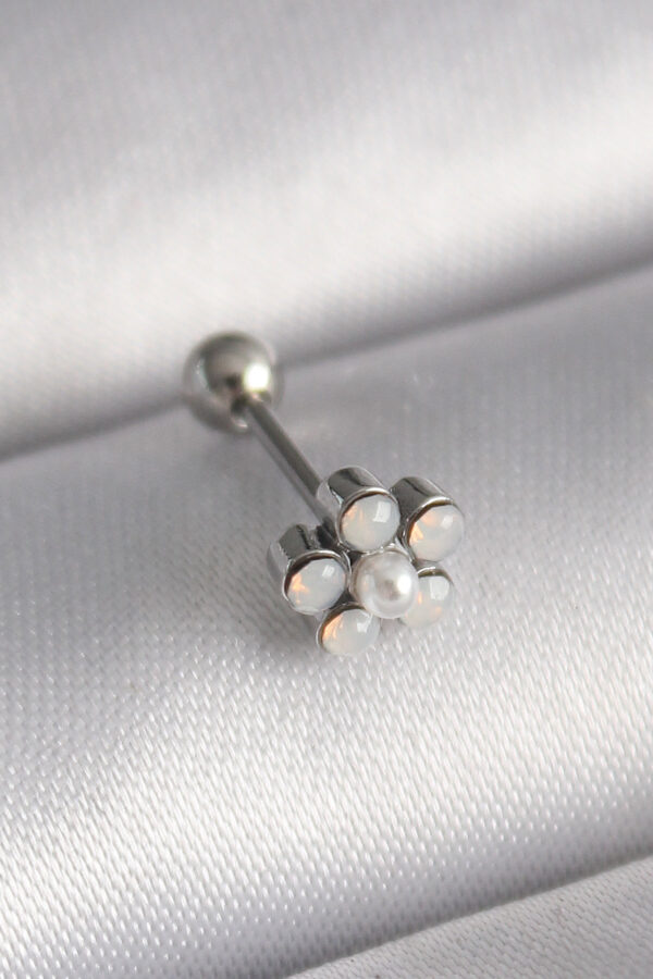 Kalbinle 316L Çelik Gümüş Renk Zirkon Taşlı Çiçek Model Tragus Piercing PR1283
