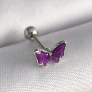 Kalbinle 316L Çelik Gümüş Renk Mor Kelebek Model Tragus Piercing PR1287