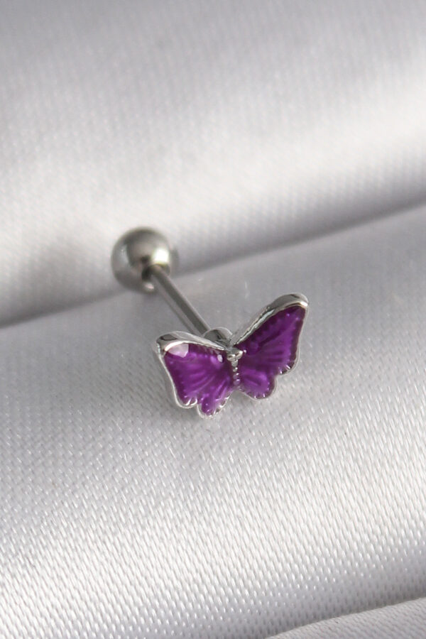 Kalbinle 316L Çelik Gümüş Renk Mor Kelebek Model Tragus Piercing PR1287