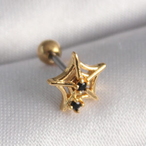 Kalbinle 316L Çelik Gold Renk Siyah Zirkon Taş Detay Örümcek Ağ Model Tragus Piercing PR1292