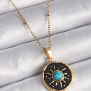 316L Çelik Gold Renk Mavi Boncuk Güneş İşleme Madalyon Model Kadın Kolye BKO9524