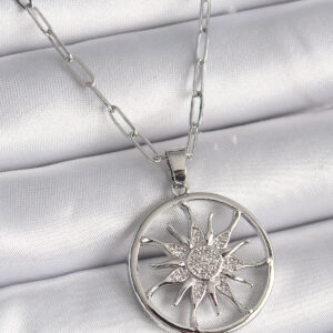 316L Çelik Gümüş Renk Zirkon Taşlı Güneş Madalyon Model Kadın Kolye BKO9529