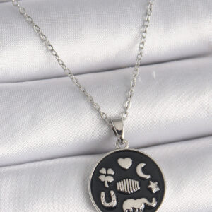 316L Çelik Gümüş Renk Siyah Renk Şans Kolyesi BKO9546