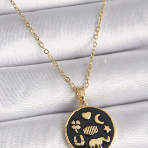 316L Çelik Gold Renk Siyah Şans Kolyesi BKO9547