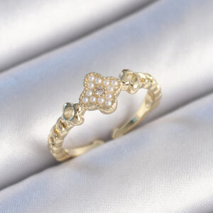 Pirinç Gold Renk İncili Yonca Model Zirkon Taş Detay Kadın Yüzük BYK3438