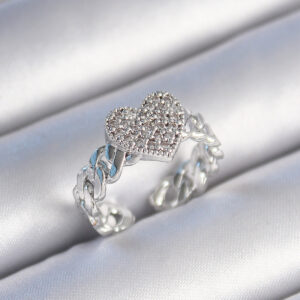 Pirinç Gümüş Renk Zincir Kordon Zirkon Taşlı Kalp Model Kadın Yüzük BYK3484