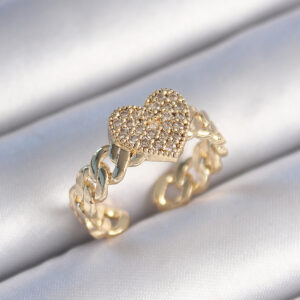 Pirinç Gold Renk Zincir Kordon Zirkon Taşlı Kalp Model Kadın Yüzük BYK3485