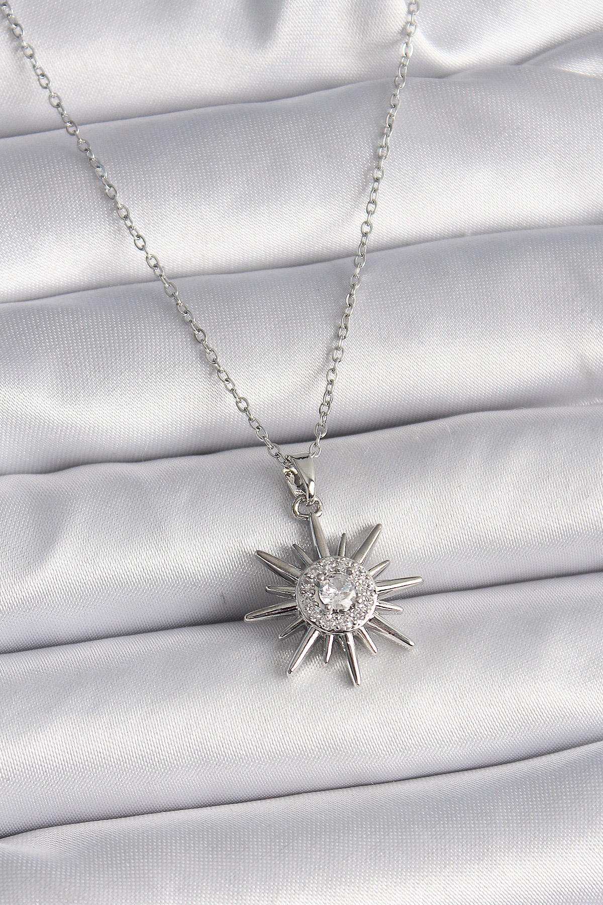 316L Çelik Gümüş Renk Zincir Zirkon Taşlı Güneş Model Kadın Yüzük BKO9562