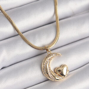 316L Çelik Gold Renk Çelik İtalyan Zincir Zirkon Taşlı Halil Figür Kalp Detay Kadın Kolye BKO9591