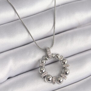 316L Çelik Gümüş Renk Zincir Zirkon Taş Detaylı Bombeli Halka Model Kadın Kolye BKO9604