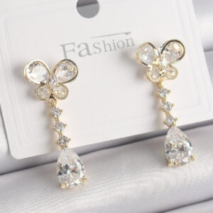 Pirinç Gold Renk Zirkon Taşlı Kelebek Model Sallantı Damla Zirkon Taş Kadın Küpe BKP9860