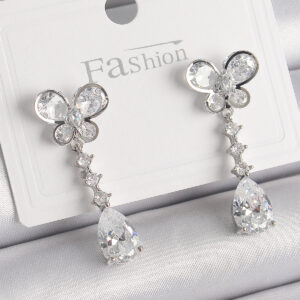 Pirinç Gümüş Renk Kelebek Model Sallantı Damla Zirkon Taşlı Kadın Küpe BKP9861
