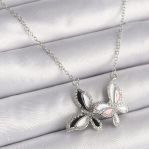 316L Çelik Gümüş Renk Zincir Zirkon Taşlı Renkli Kelebek Model Kadın Kolye BKO9615