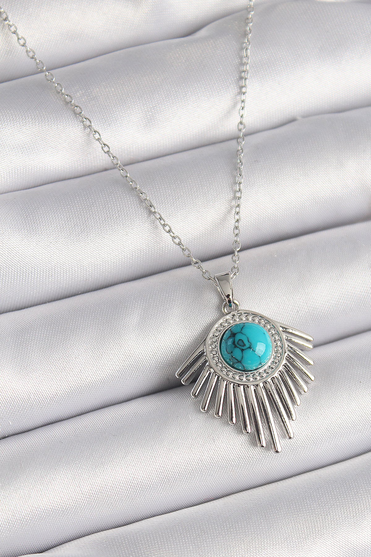 316L Çelik Gümüş Renk Zincir Mavi Boncuklu Zirkon Taşlı Kadın Kolye BKO9617