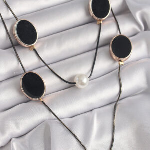 Pirinç Siyah Renk Zincir İnci Detaylı Çoklu Kadın Kolye BKO9621