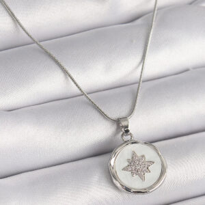 316L Çelik Gümüş Renk Zincir Beyaz Sedefli Zirkon Taşlı Yıldız İşleme Model Kadın Kolye BKO9635