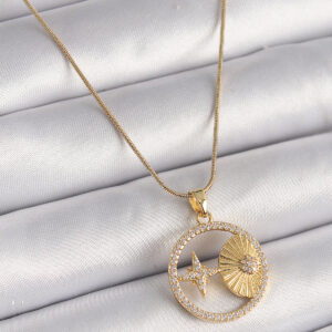 316L Çelik Gold Renk Zincir Zirkon Taşlı Yıldız İşleme Madalyon Model Kadın Kolye BKO9636