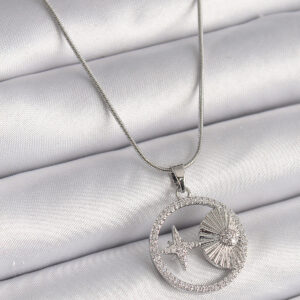 316L Çelik Gümüş Renk Zincir Zirkon Taşlı Yıldız Madalyon Model Kadın Kolye BKO9637