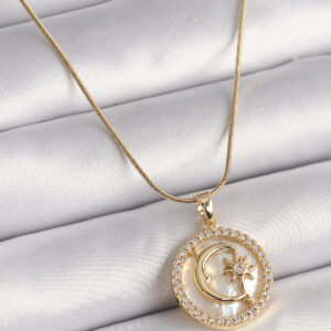 316L Çelik Gold Renk Zincir Zirkon Taş Detaylı Beyaz Sedefli Ay Yıldız Model Kadın Kolye BKO9638
