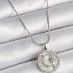 316L Çelik Gümüş Renk Zincir Zirkon Taş Detaylı Beyaz Sedefli Ay Yıldız İşleme Kadın Kolye BKO9639