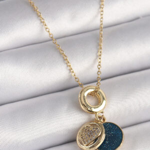 316L Çelik Gold Renk Zincir Zirkon Taşlı Kalp Model Mavi Simli Kadın Kolye BKO9640