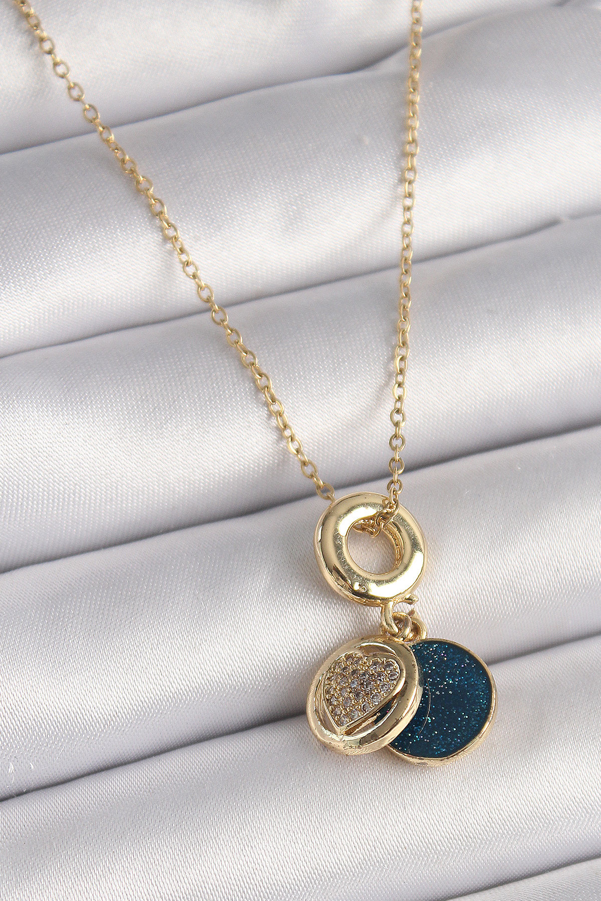 316L Çelik Gold Renk Zincir Zirkon Taşlı Kalp Model Mavi Simli Kadın Kolye BKO9640