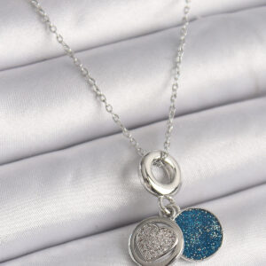 316L Çelik Gümüş Renk Zincir Zirkon Taşlı İşleme Mavi Simli Kadın Kolye BKO9641