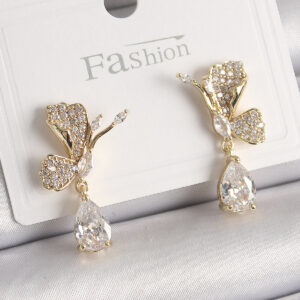 Pirinç Gold Renk Zirkon Taşlı Turna Kuşu Model Sallantı Detay Kadın Küpe BKP9919