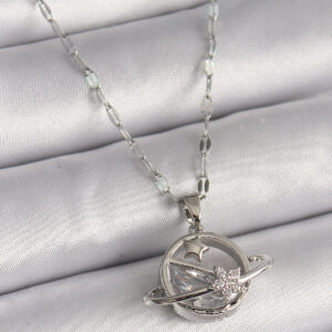 316L Çelik Gümüş Renk Zincir Zirkon Taşlı Yıldız Detay Gezegen Model Kadın Kolye BKO9643