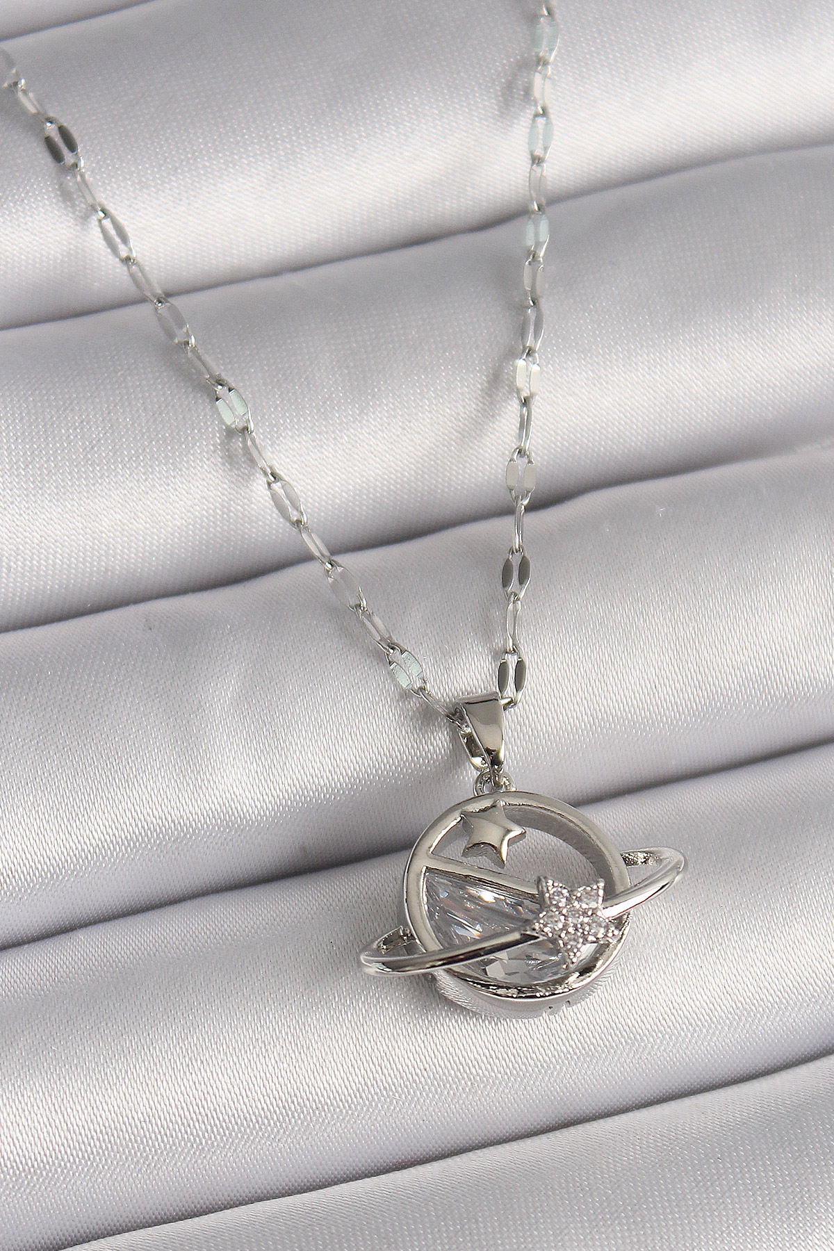 316L Çelik Gümüş Renk Zincir Zirkon Taşlı Yıldız Detay Gezegen Model Kadın Kolye BKO9643