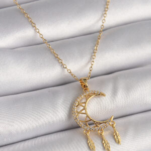 316L Çelik Gold Renk Zincir Zirkon Taşlı Hilal Model Sallantı Yaprak Detay Kadın Kolye BKO9650