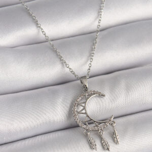 316L Çelik Gümüş Renk Zincir Zirkon Taşlı Hilal Model Sallantı Yaprak Detay Kadın Kolye BKO9651