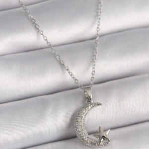 316L Çelik Gümüş Renk Zincir Zirkon Taşlı Hilal Model Yıldız Detay Kadın Kolye BKO9655