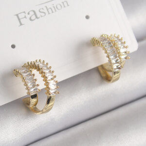 Pirinç Gold Renk 2'Li Zirkon Taşlı Halka Model Kadın Küpe BKP9975