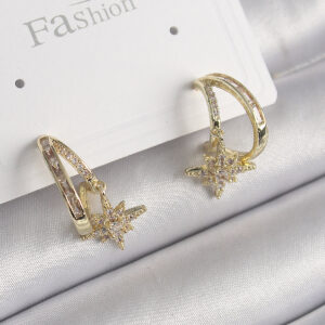 Pirinç Gold Renk Zirkon Taşlı Halka Model Yıldız Detay Kadın Küpe BKP9989