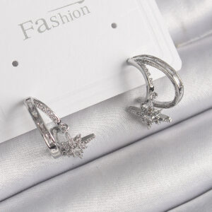 Pirinç Gümüş Renk Zirkon Taşlı Halka Model Sallantı Yıldız Detay Kadın Küpe BKP9990