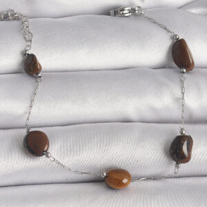 316L Çelik Gümüş Renk Zincir Kahverengi Doğaltaş Model Kadın Bileklik BB6596