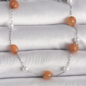 316L Çelik Gümüş Renk Turuncu Doğaltaş Model İnci Detay Kadın Bileklik BB6602