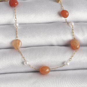 316L Çelik Gold Renk Zincir Turuncu Doğaltaş Model İnci Detay Kadın Bileklik BB6603