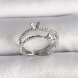 Pirinç Gümüş Renk Zirkon Taşlı Kelebek Figürlü Ayarlanabilir Yüzük BYK3528