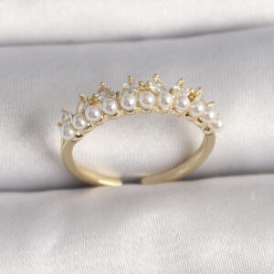 Pirinç Gold Renk Zirkon Taşlı İncili Taç Model Ayarlanabilir Kadın Yüzük BYK3576