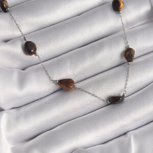 316L Çelik Gümüş Renk Zincir Kahverengi Doğaltaş Model Kadın Kolye BKO9662