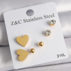 316L Çelik Gold Renk Zirkon Taşlı Kalpli Kadın Küpe Seti BKP10004